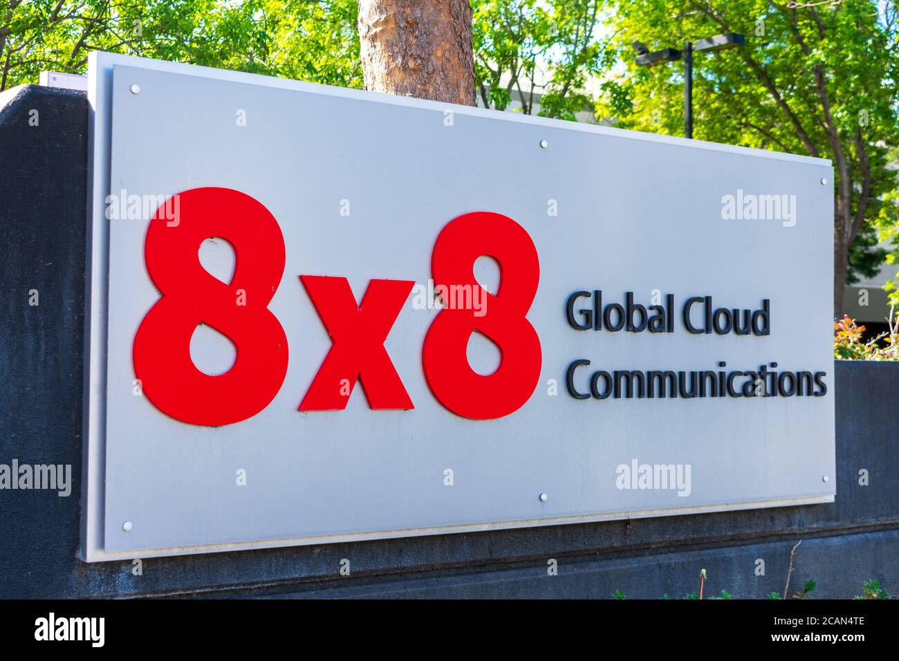 8x8 sign at company headquarters in Silicon Valley, 8x8 Inc. is a provider of Voice over IP products - San Jose, California, USA - 2020 Stock Photo