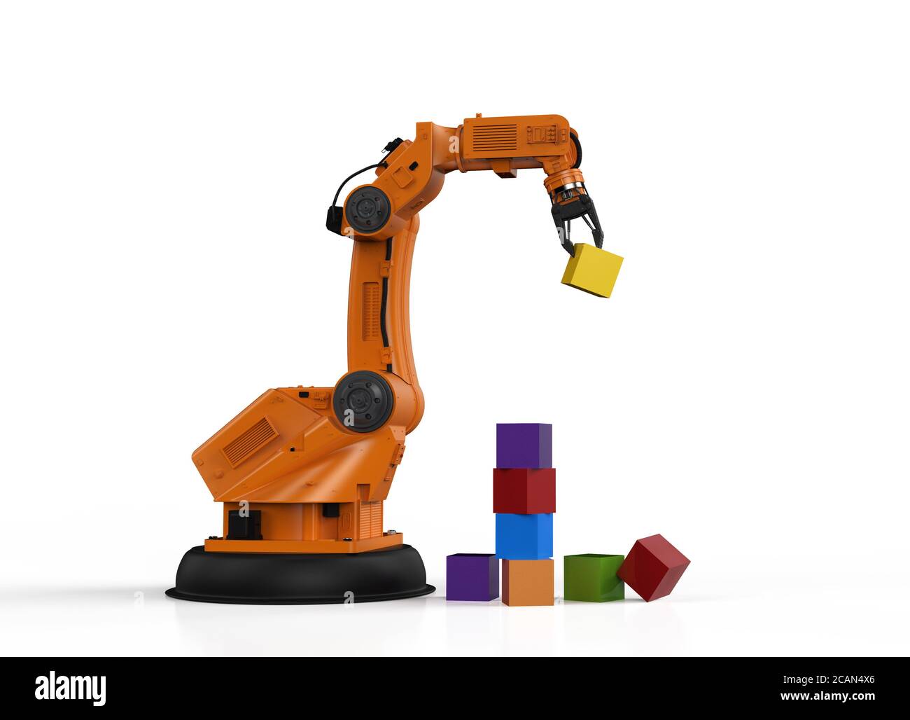 3d rendering robotic arm arrange toy blocks in house Stock Photo