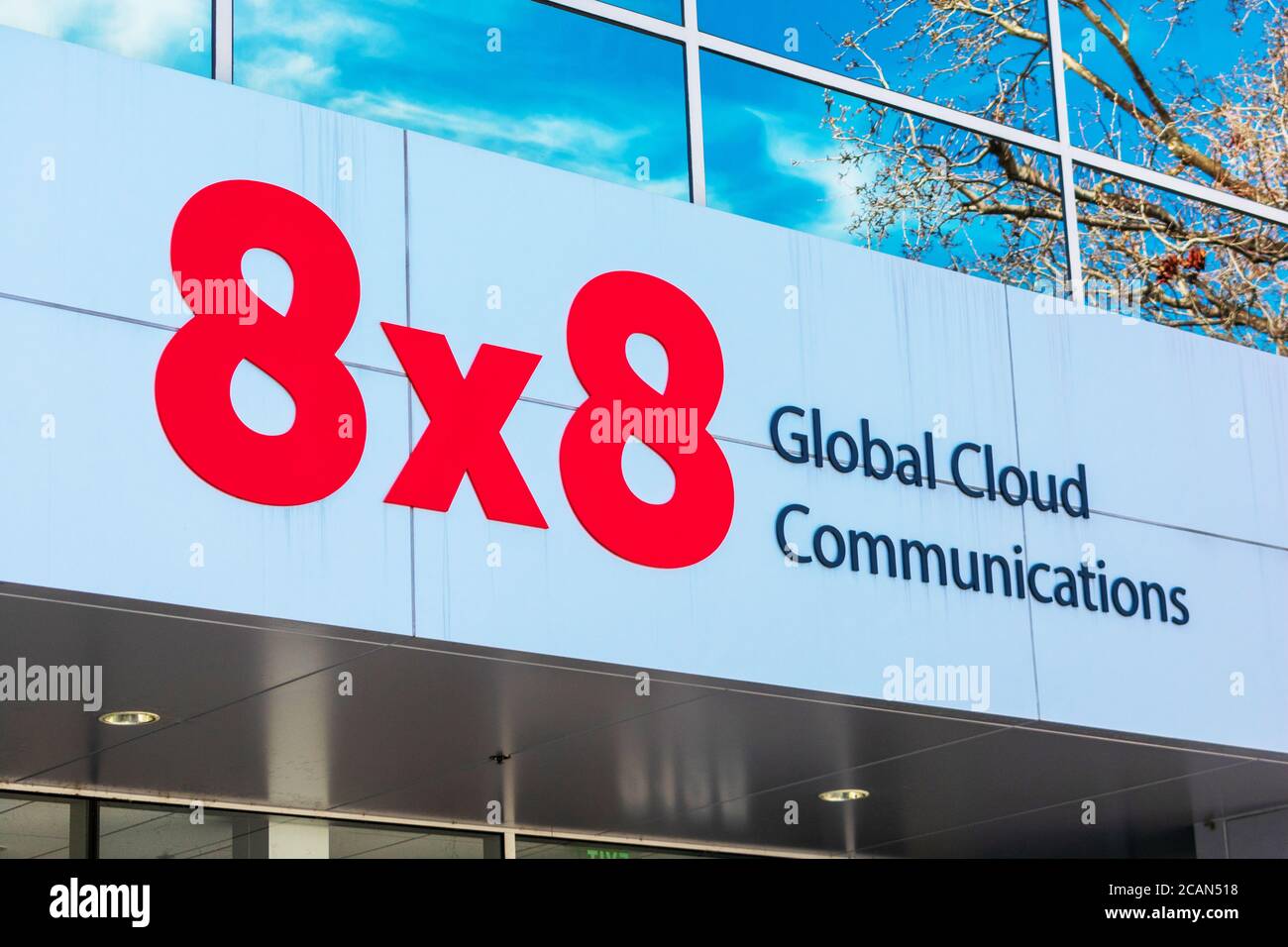 8x8 sign at company headquarters in Silicon Valley, 8x8 Inc. is a provider of Voice over IP products - San Jose, California, USA - 2020 Stock Photo