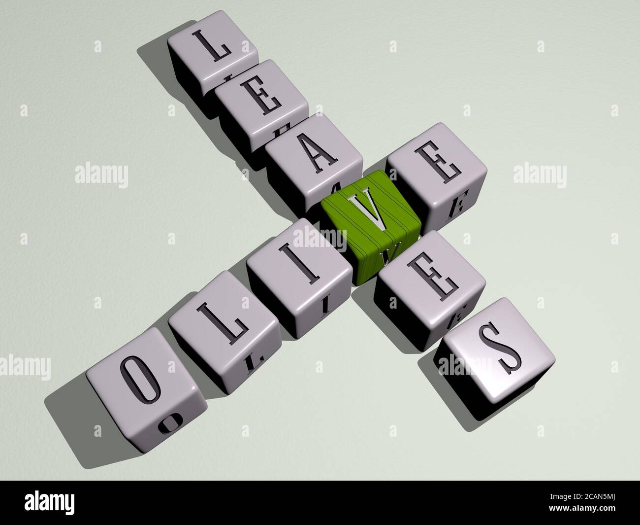 OLIVE LEAVES crossword by cubic dice letters. 3D illustration