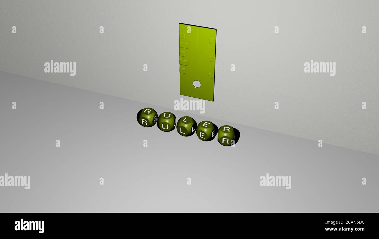 ruler 3D icon on the wall and text of cubic alphabets on the floor. 3D ...