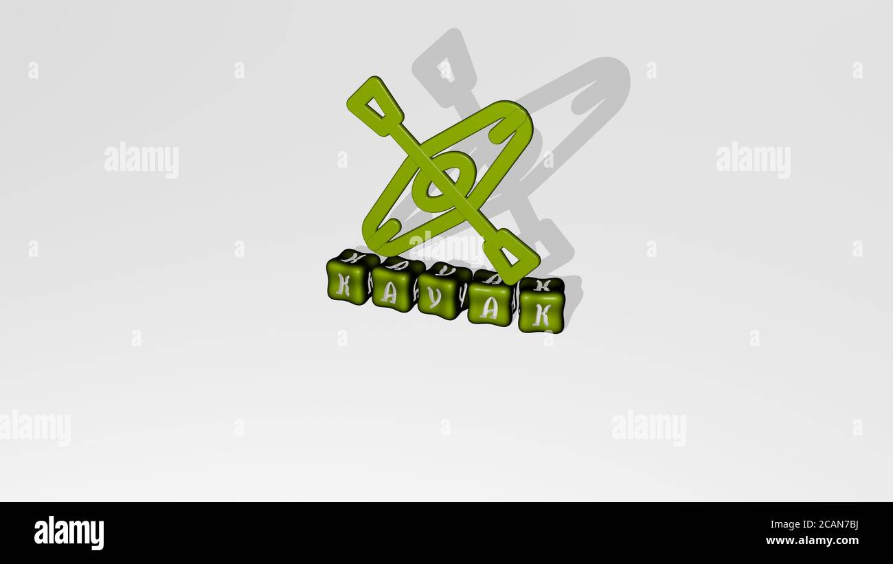 KAYAK 3D icon object on text of cubic letters. 3D illustration. boat