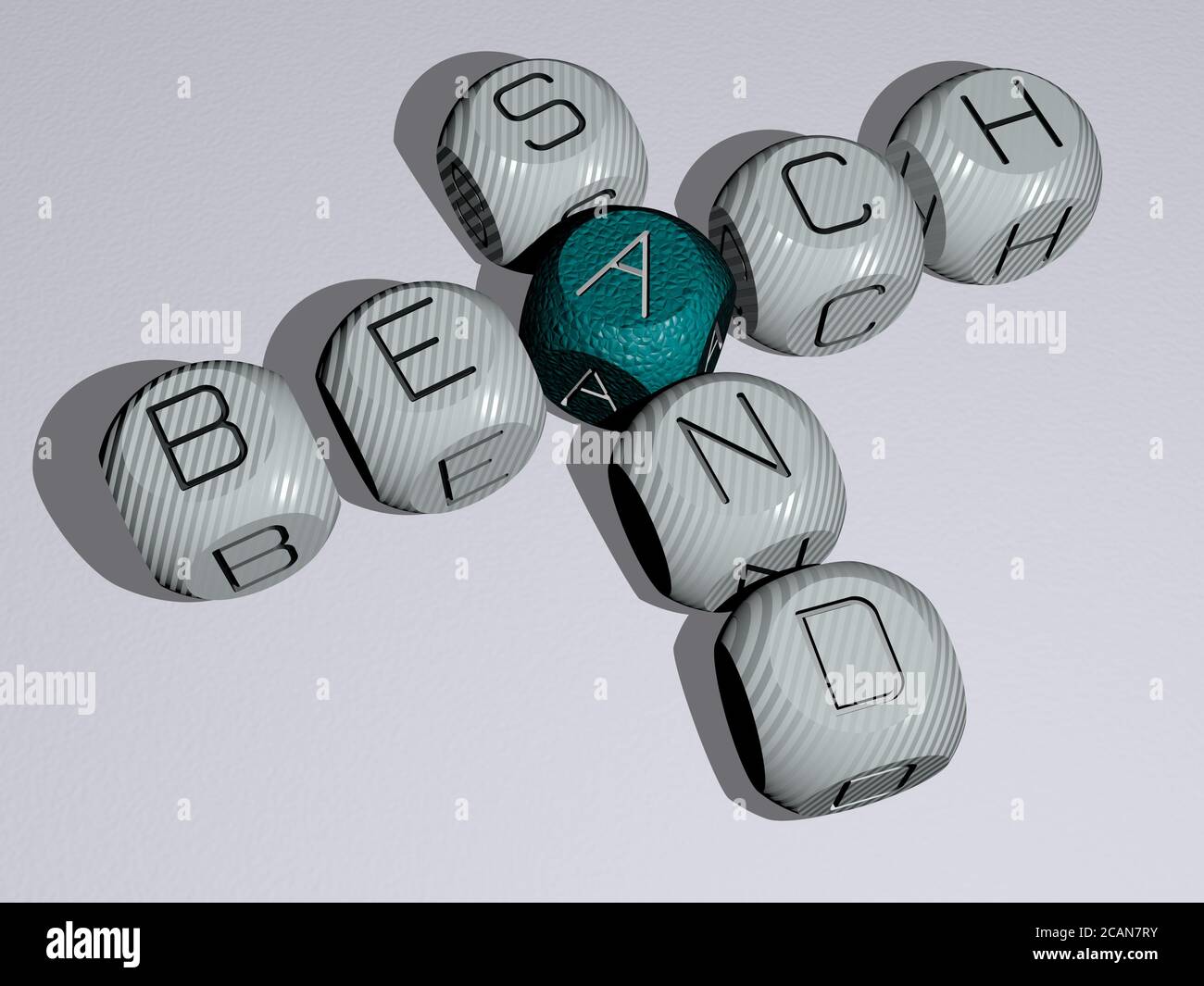 beach sand crossword of dice letters in color. 3D illustration. blue