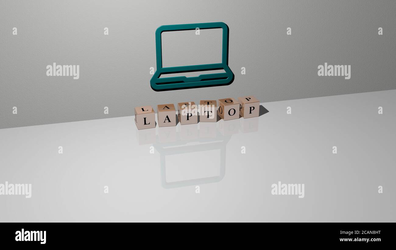 laptop text of cubic dice letters on the floor and 3D icon on the wall ...
