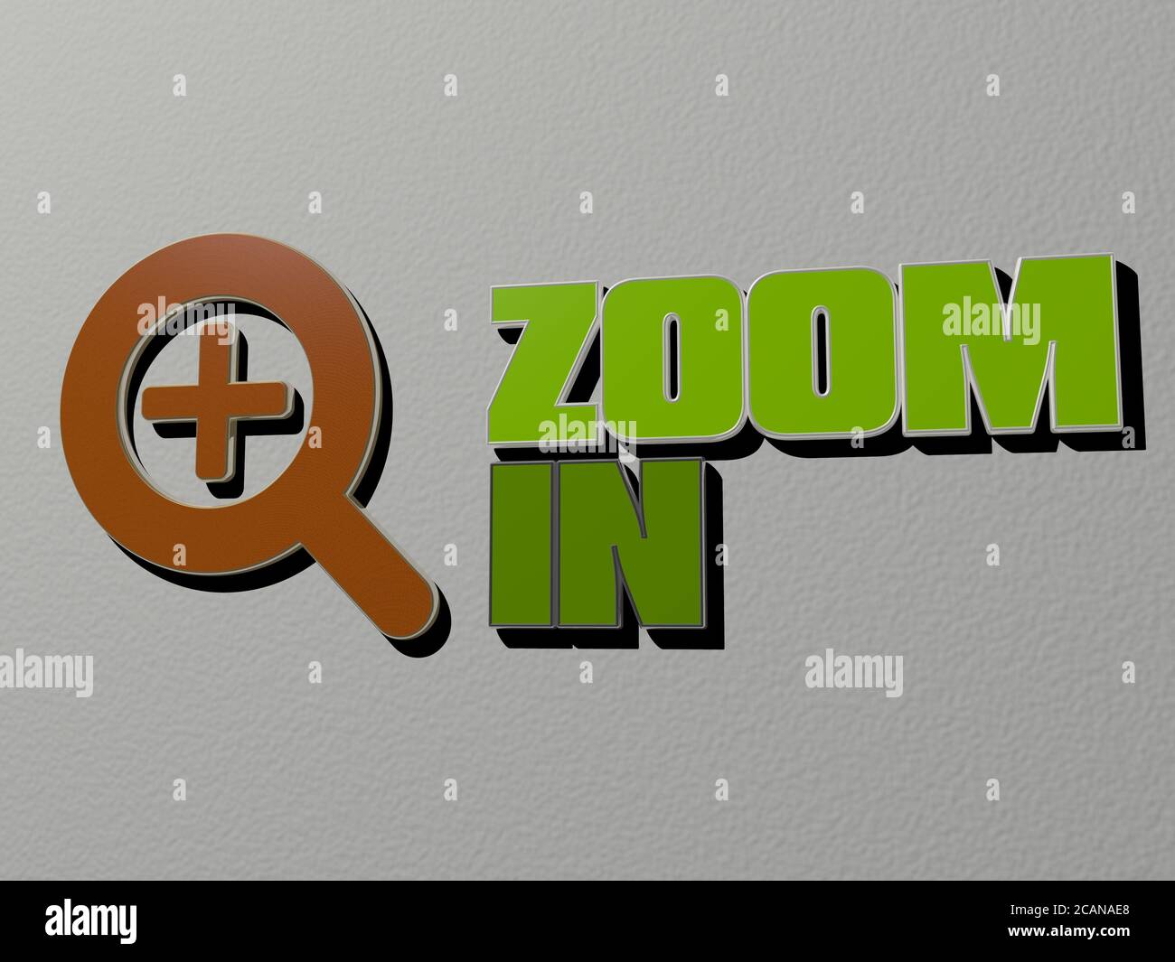 ZOOM IN icon and text on the wall. 3D illustration. background and ...
