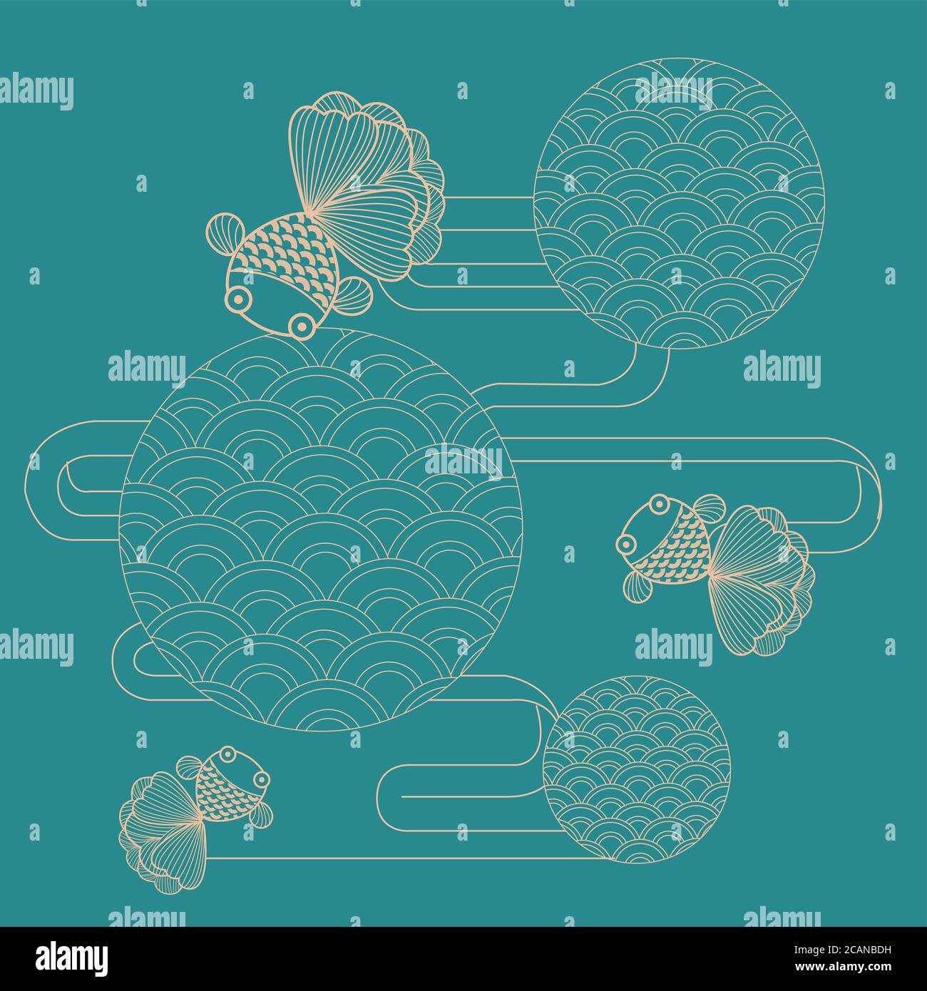 Vector line art of golden gold fishes with oriental pattern and frame Stock Vector Image & Art