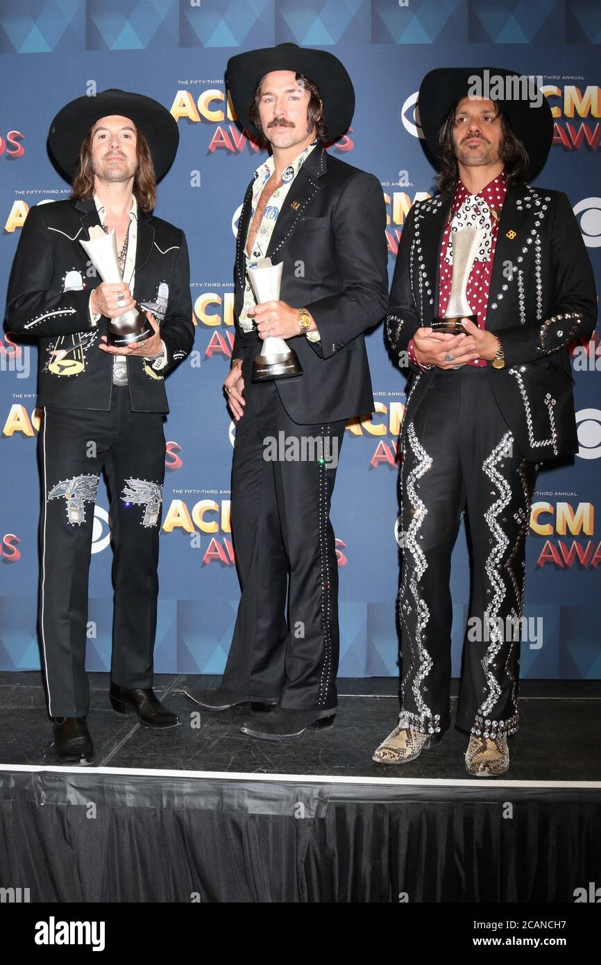 LAS VEGAS - APR 15:  Jess Carson, Mark Wystrach, Cameron Duddy at the Academy of Country Music Awards 2018 at MGM Grand Garden Arena on April 15, 2018 in Las Vegas, NV Stock Photo