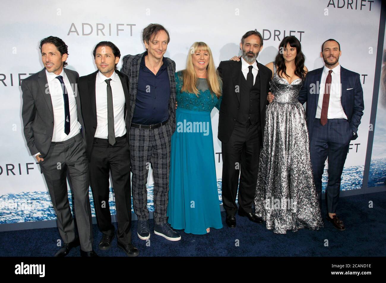 LOS ANGELES - MAY 23:  Aaron Kandell, Co-Writer-Producer, Jordan Kandell, Co-Writer-Producer, Volker Bertelmann, Composer, Tami Oldham Ashcraft, Author, Baltasar Kormakur, Director-Producer, Shailene Woodley, Sam Claflin at the 'Adrift' World Premiere at the Regal LA Live on May 23, 2018 in Los Angeles, CA Stock Photo