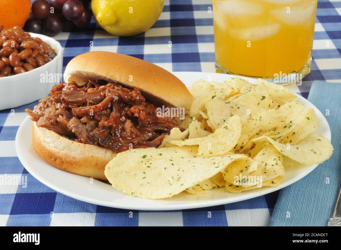 a barbecue beef sandwich with potato chips and baked beans on a picnic