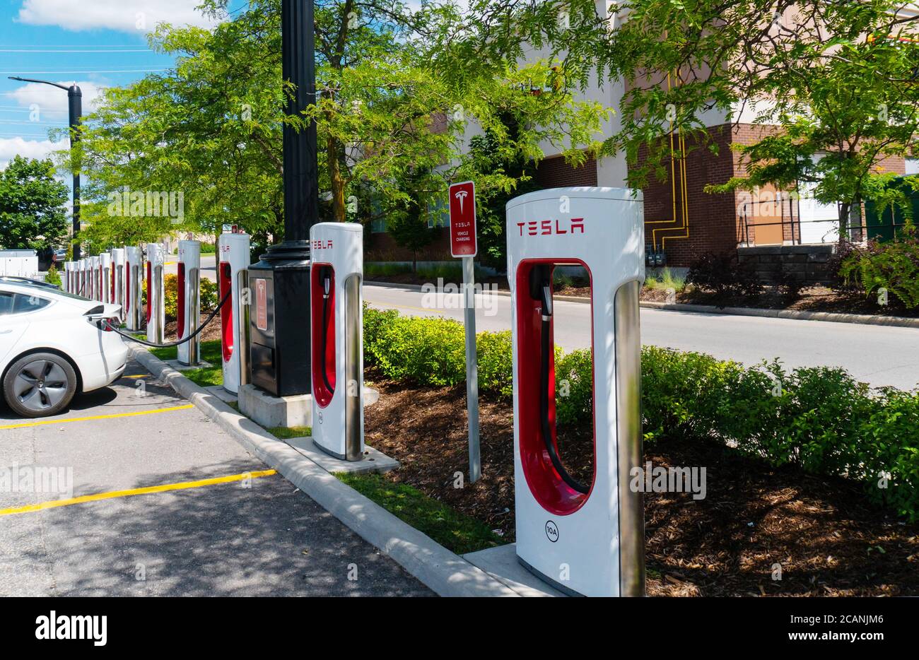 Tesla vehicle charging station in Barrie, Ontario, Canada Stock Photo