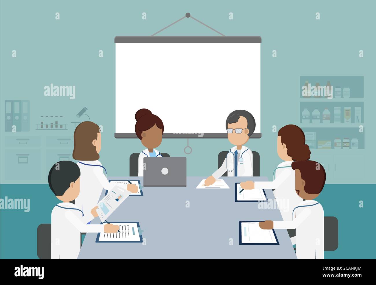 Doctor conference concept with group of doctors discuss flat design