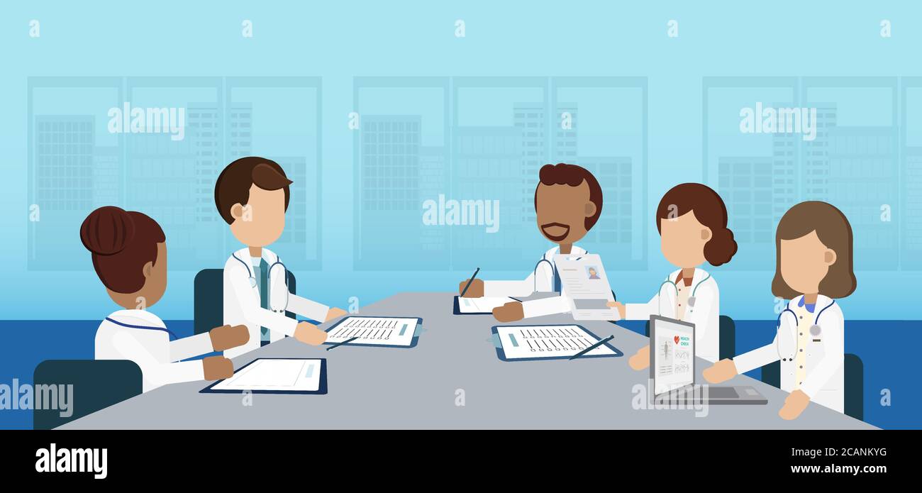 Doctor conference concept with group of doctors discuss flat design