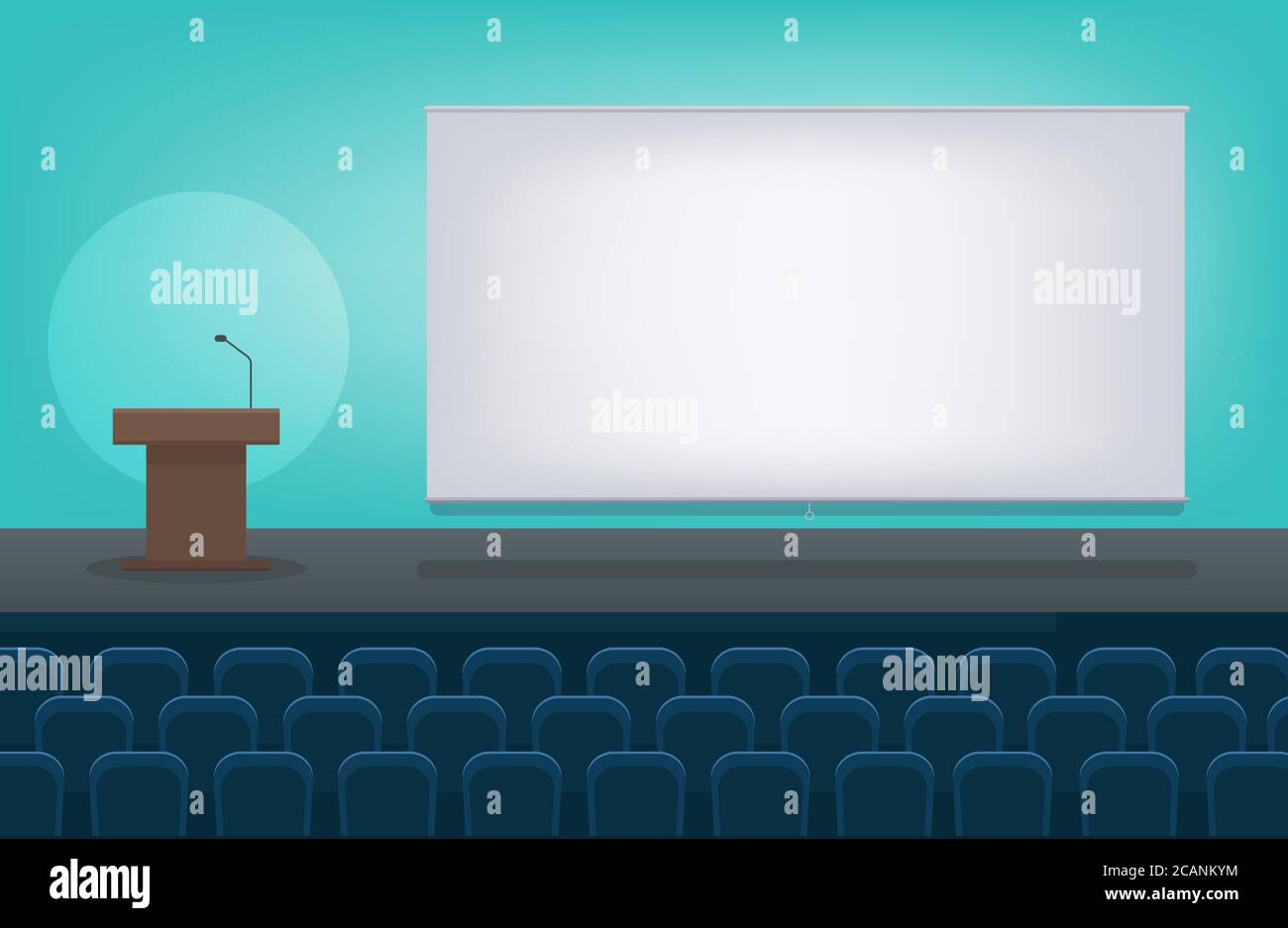 Empty conference hall with stage and projector in flat design vector illustration Stock Vector