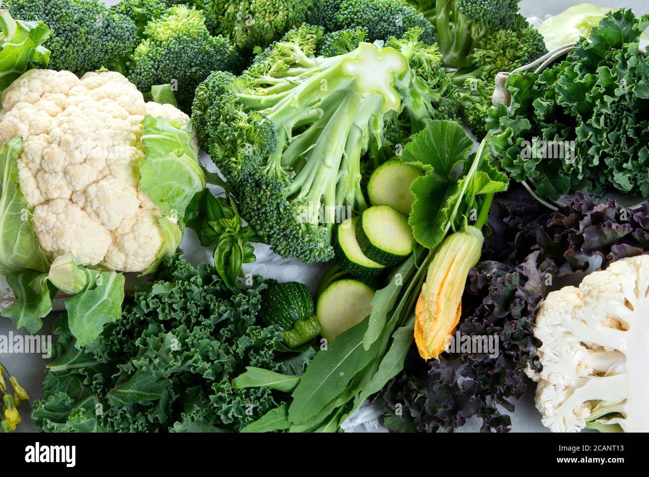 Assortment of fresh farm cabbage, vegetables and kale on gray