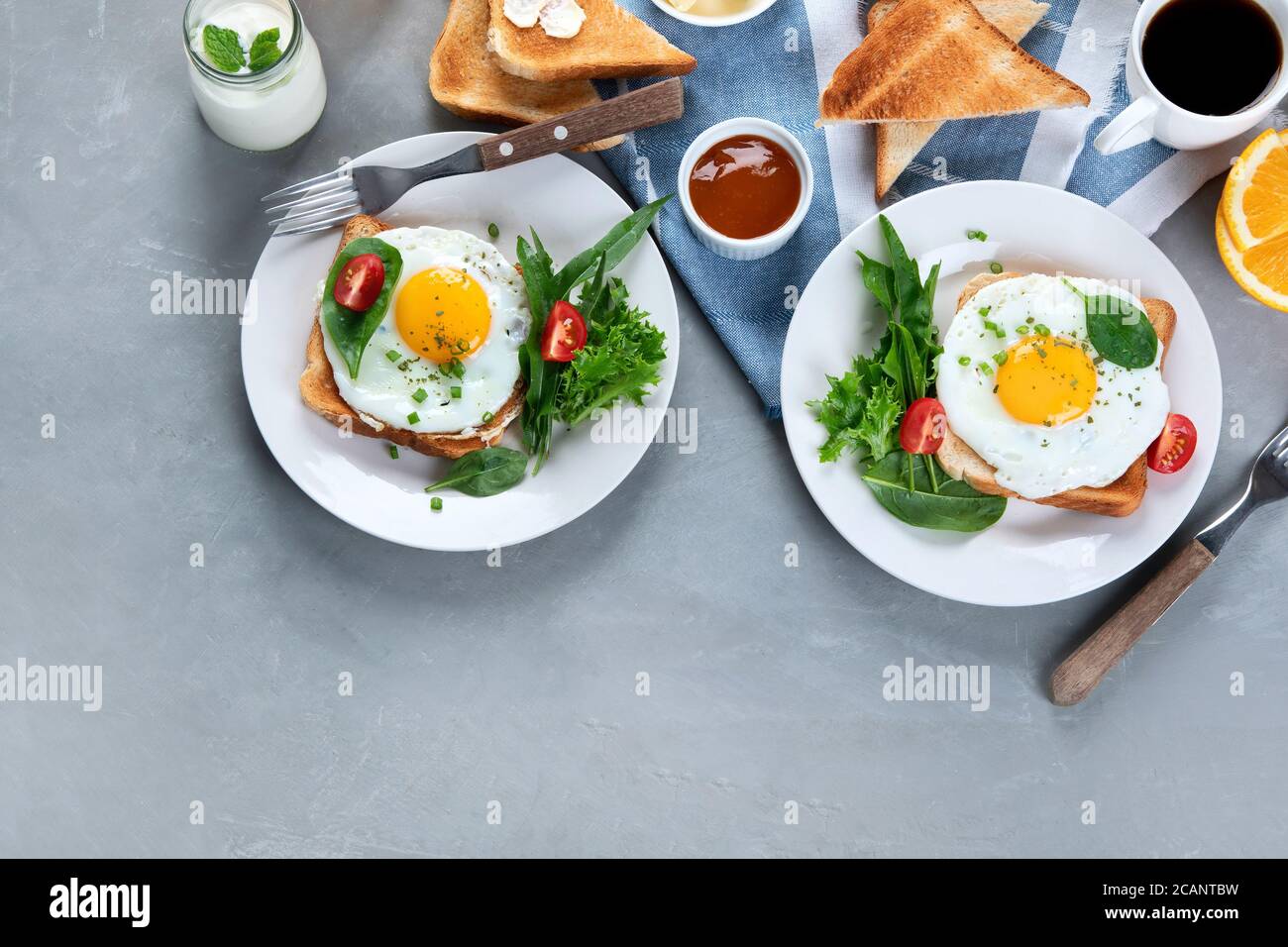 Traditional American breakfast on grey background . Top view, flat lay, copy space. Stock Photo