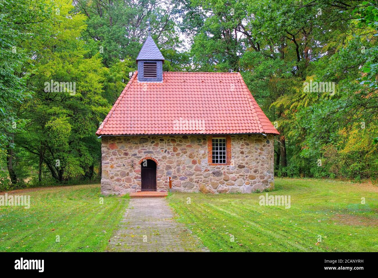 old fieldstone chapel in Muessingen, Lueneburg Heath in Germany Stock Photo