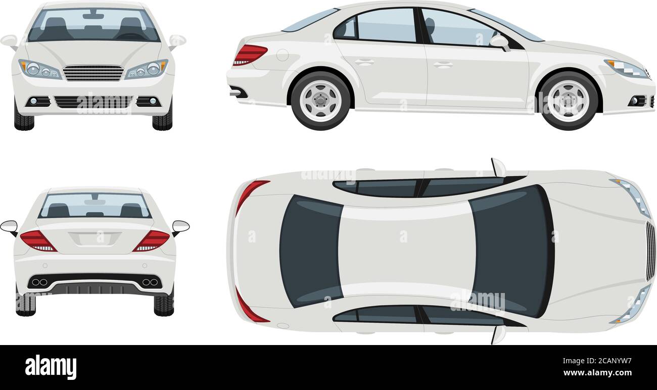 White car vector template with simple colors without gradients and effects. View from side, front, back, and top. Stock Vector