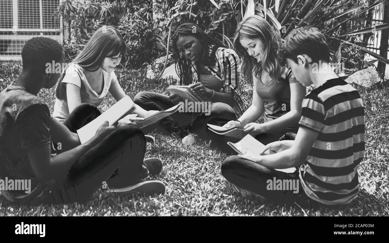 Happy group of mixed races teenagers seated on the grass making school lesson. Back to school concept Stock Photo