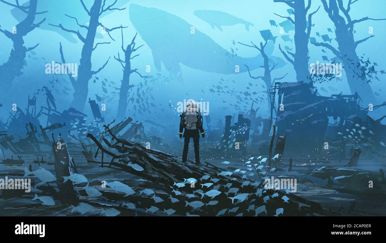 under water scene of the futuristic diver standing in a submerged town ...