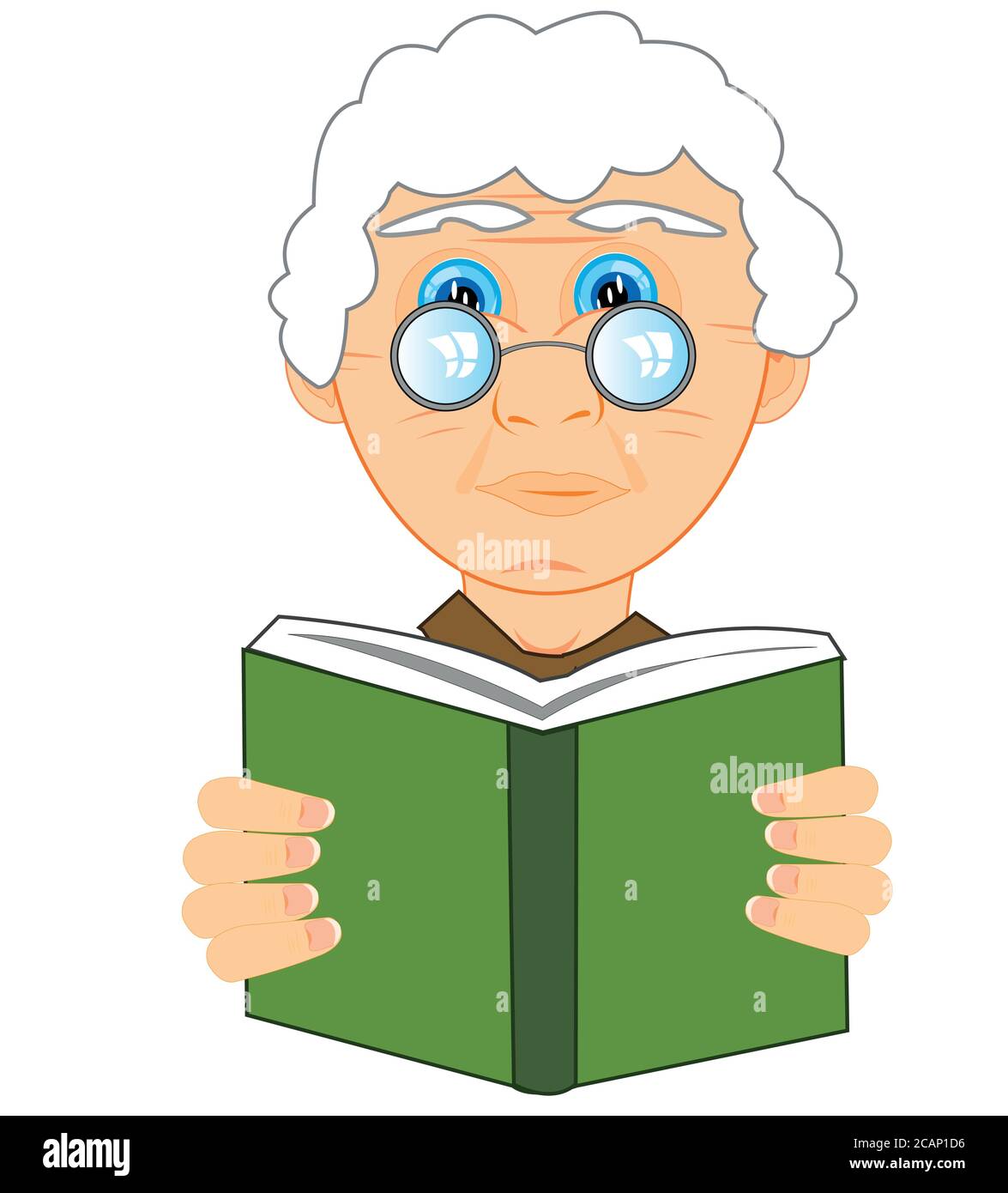 Grandmother bespectacled reads book on white background is insulated Stock Vector