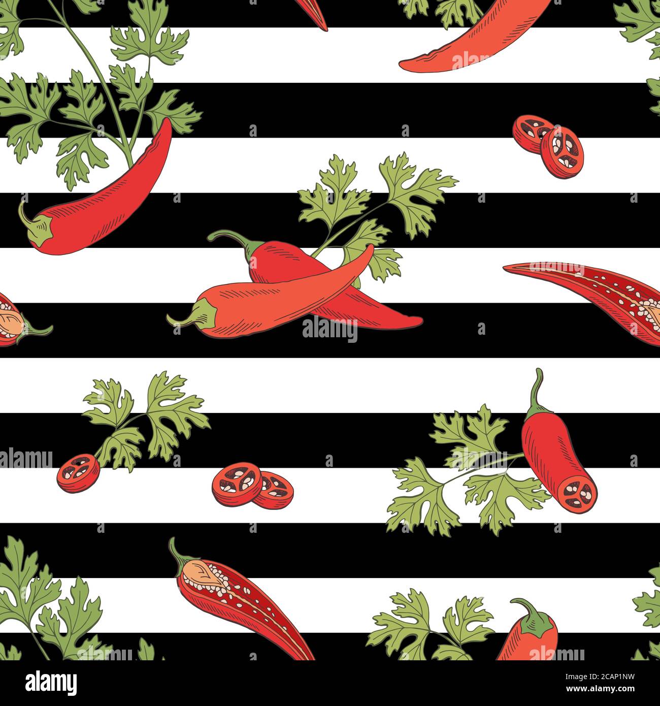 Chili pepper graphic red green color sketch seamless pattern background illustration vector Stock Vector