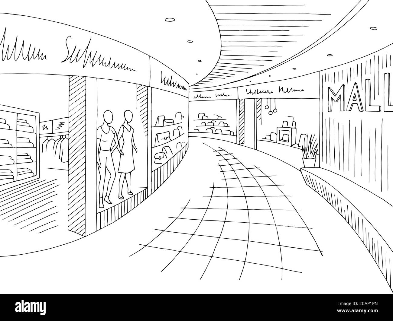 Shopping mall graphic black white interior sketch illustration vector Stock Vector