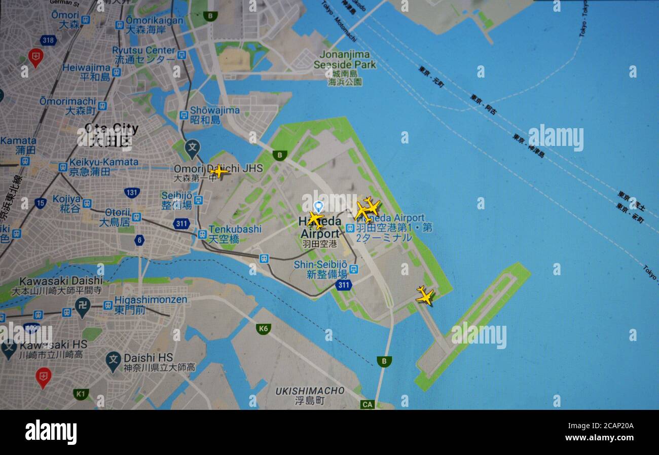 air traffic  over Haneda airport aera, (05 august 2020, UTC 21.24)  on Internet with Flightradar 24 site, during the Coronavirus Pandemic period Stock Photo