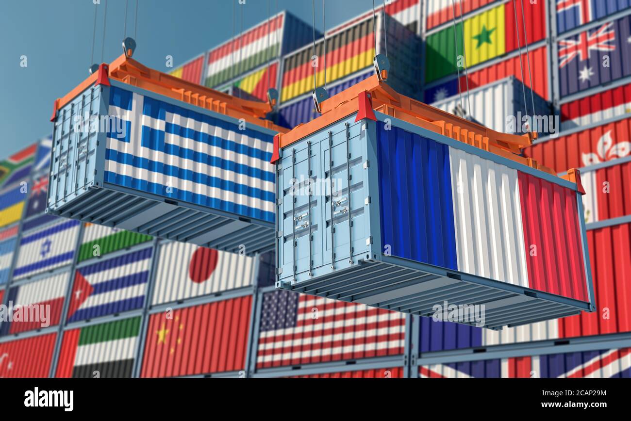 Freight containers with Greek and France flag. 3D Rendering Stock Photo