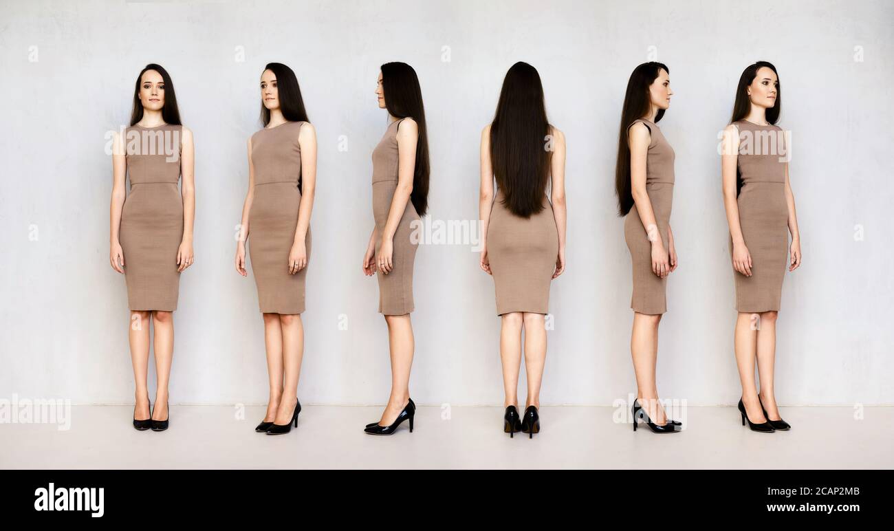 View from different sides of lovely young woman in tight dress, smooth hair and high heel shoes Stock Photo
