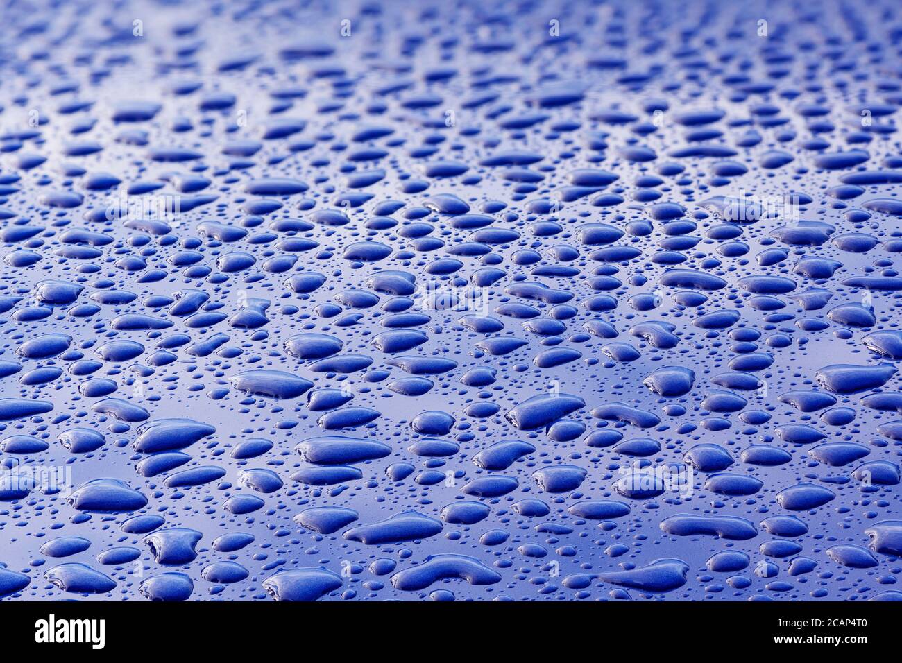 Water droplets on a highly polished blue car hires stock