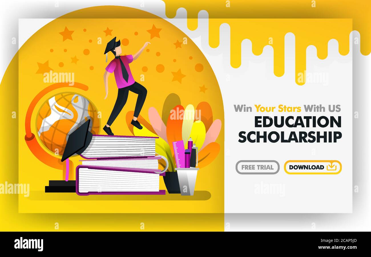 Vector illustration concept. Yellow banner website about educational scholarship. bachelor try to reach stars are surrounded by globe and stationery. Stock Vector