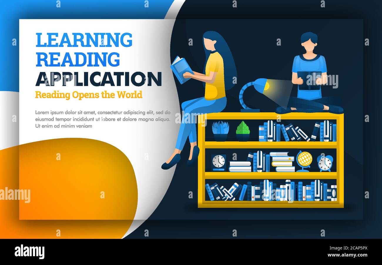 illustration of learning reading application. students read above the
