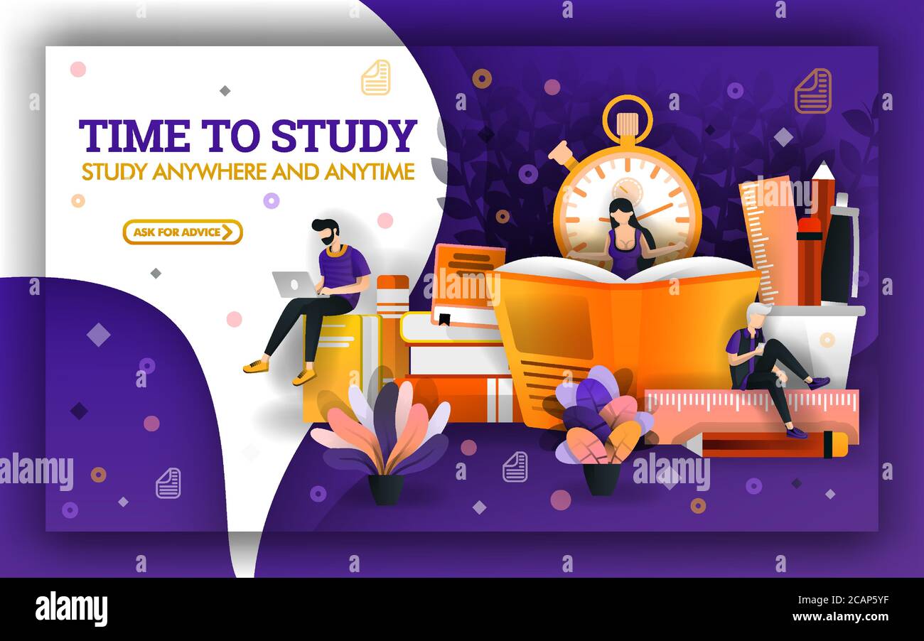 Vector illustration of study time. Education current events require students to take advantage of study time. student learning with technology and boo Stock Vector