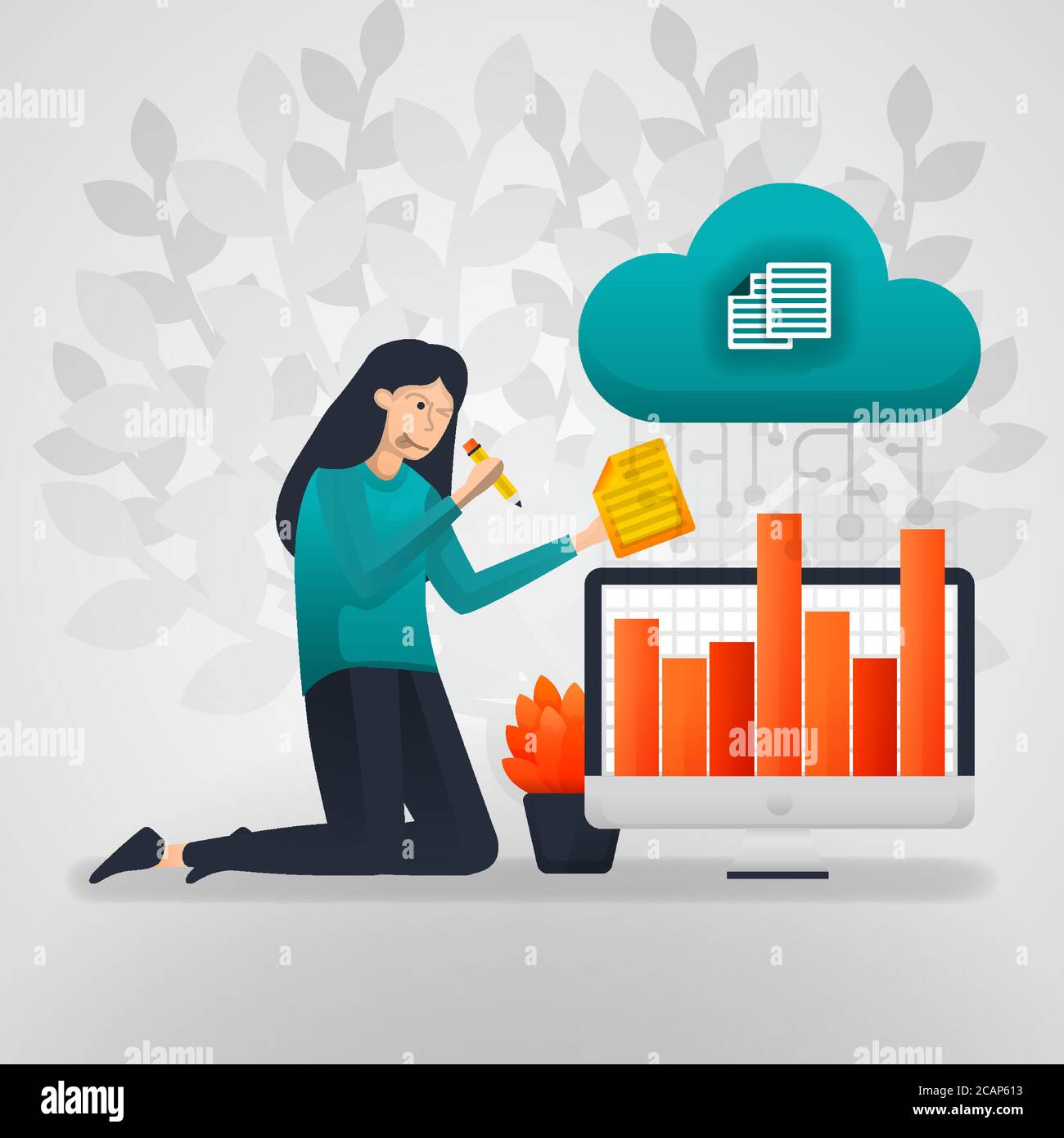 female workers change the sales chart data from cloud storage. flat cartoon vector illustration Stock Vector