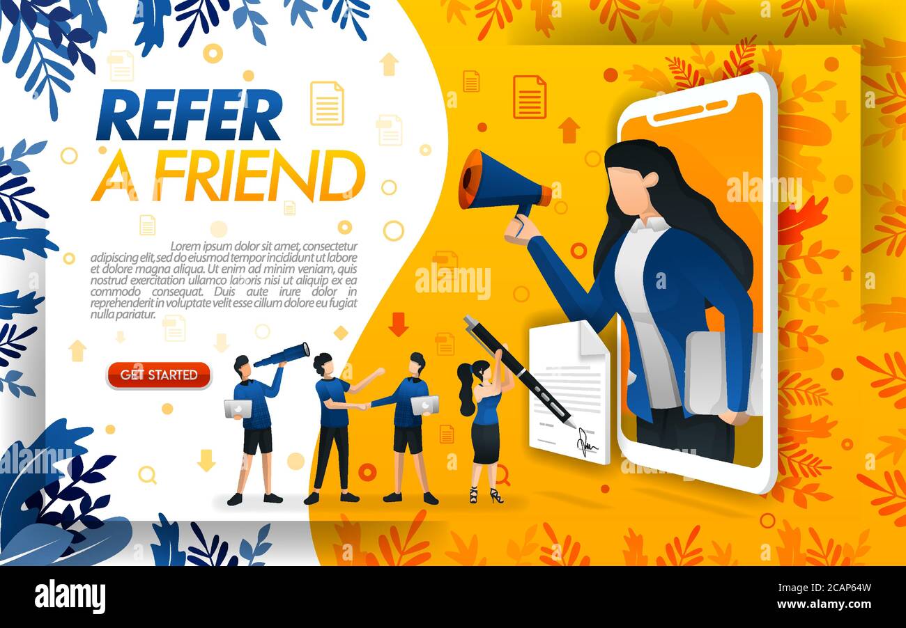 Woman came out of the smartphone and held the megaphone while shouting, for the concept of refer a frined. concept vector ilustration. can use for, pa Stock Vector