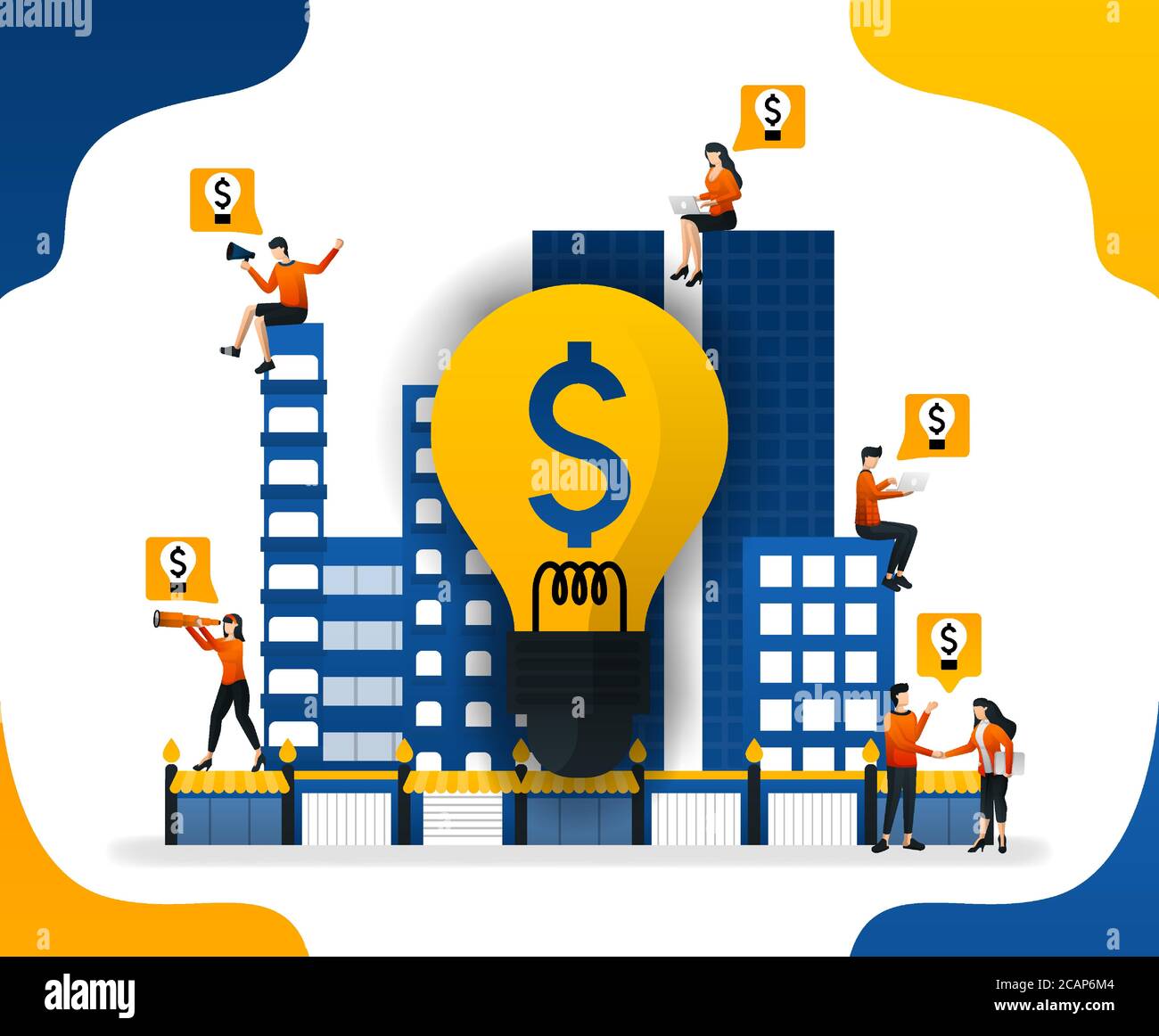 Idea to build a smart city. creating a financial system in the city, concept vector ilustration. can use for landing page, template, ui, web, mobile a Stock Vector