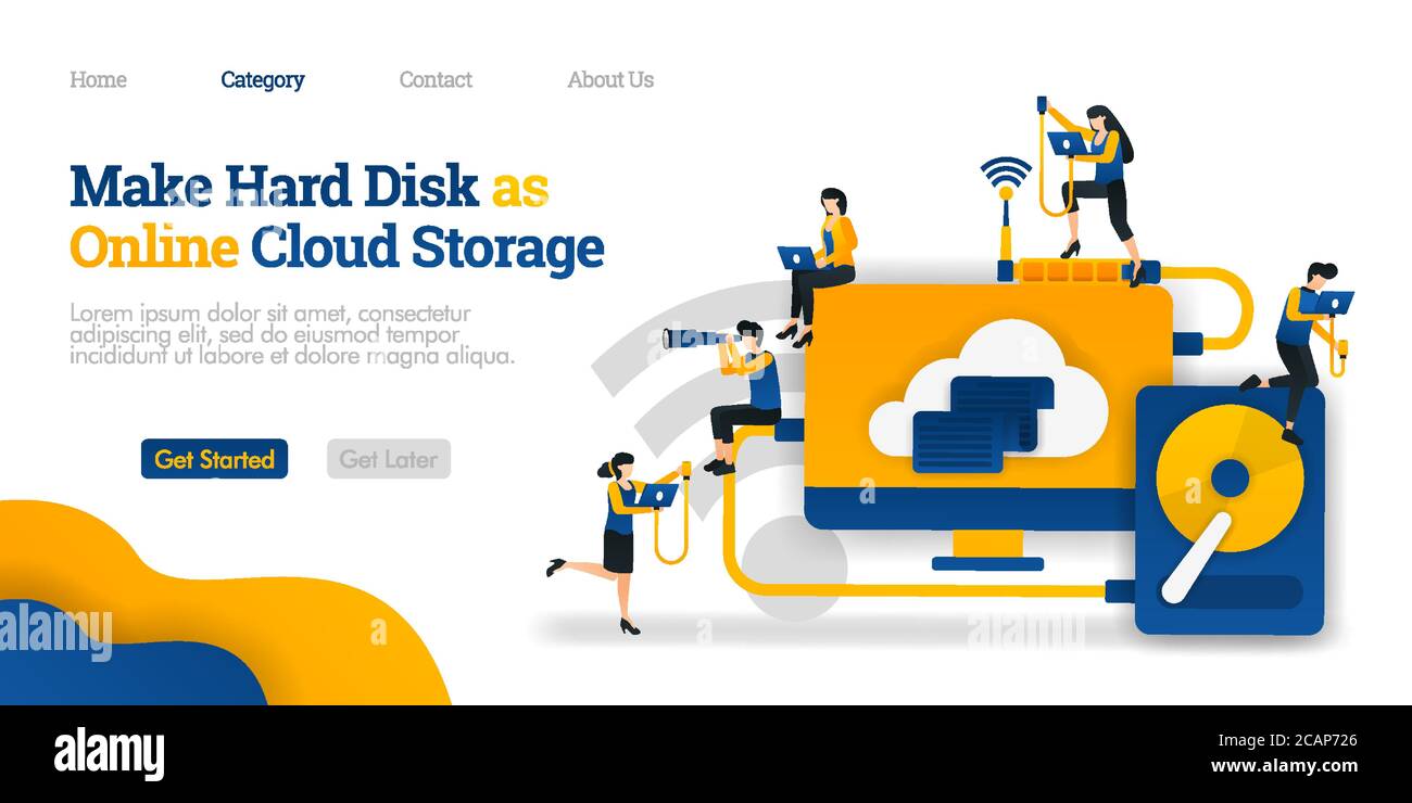 Make Harddisk as Online Cloud Storage. file sharing in hard storage to cloud hosting. Vector flat illustration concept, can use for, landing page, tem Stock Vector