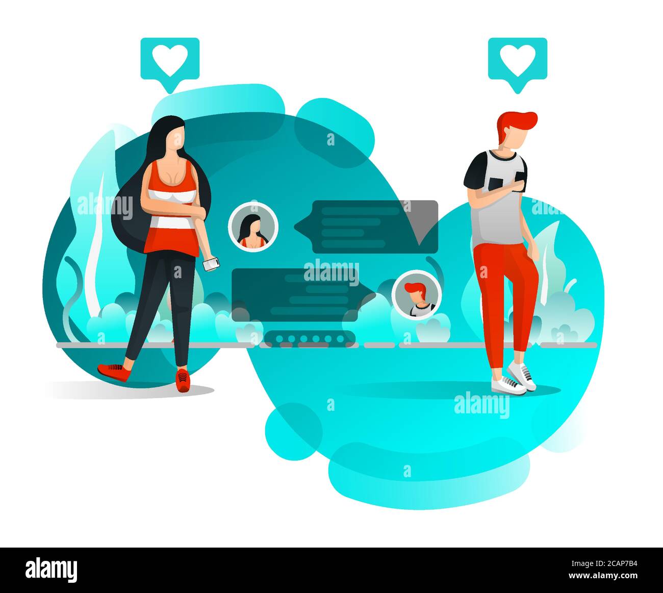 Girl Who Waiting for Reply from Her Boyfriend. Couple Exchanging Messages. Flat Cartoon Style. Vector Illustration For Web Page, Element, Banner, Pres Stock Vector