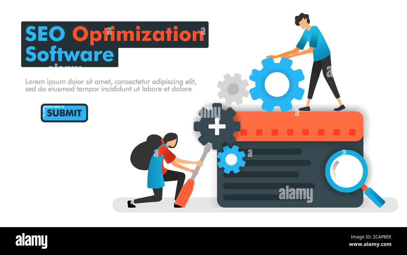 SEO optimization software vector illustration. programmers do maintenance and increase search engine results with SEO optimization. Can be used for La Stock Vector