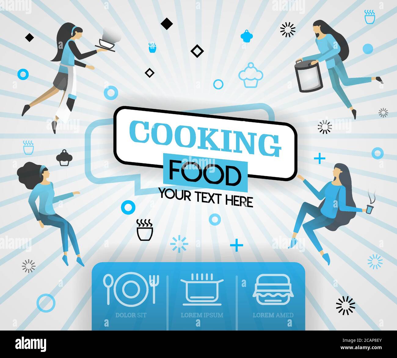 blue vector illustration concept. cooking food recipes cover book.  healthy cooking recipes and delicious food cover can be for, magazine, cover, bann Stock Vector