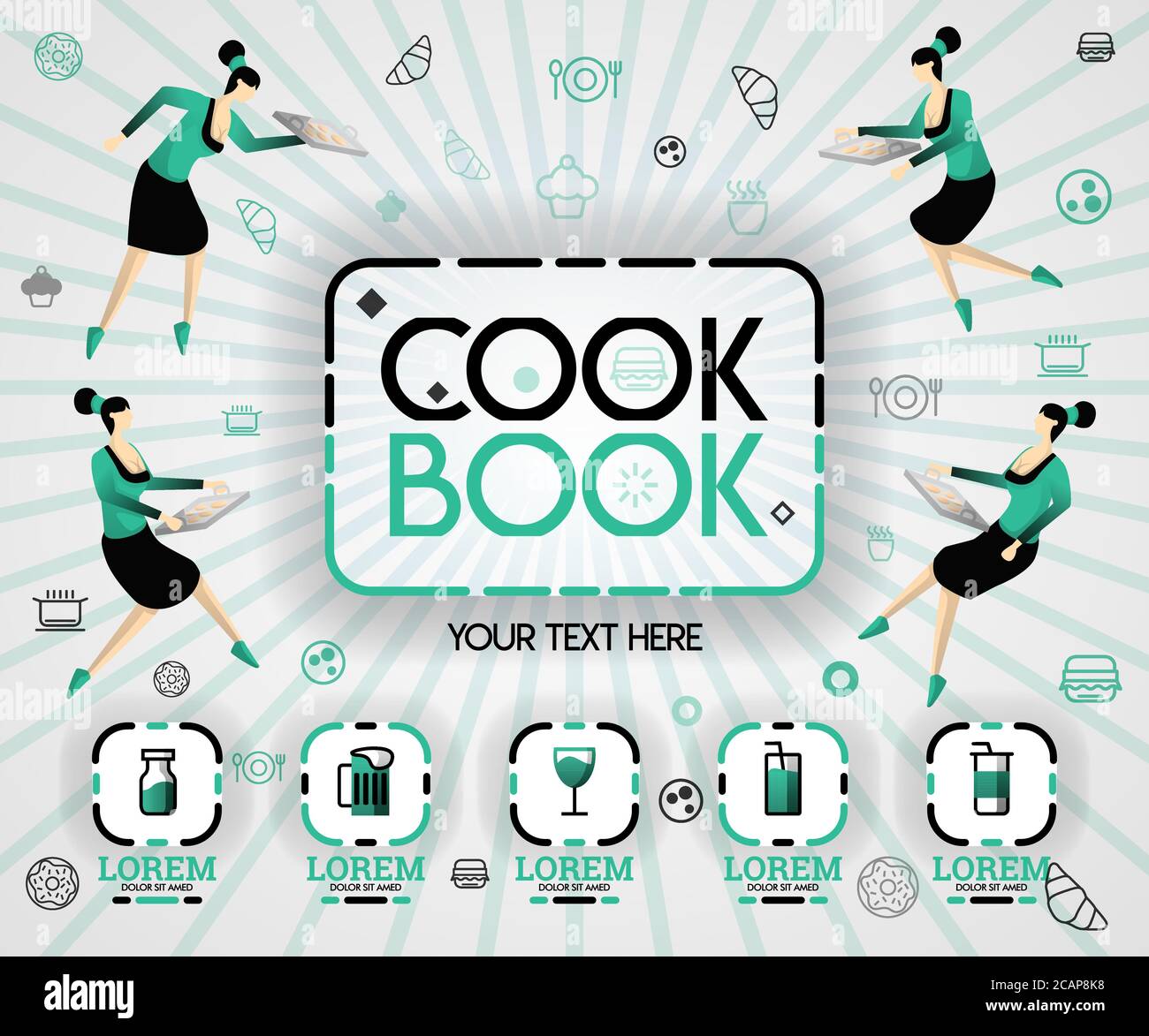 green vector illustration concept. cookbook recipes and food cover book. healthy cooking recipe and delicious food cover can be for, magazine, cover, Stock Vector