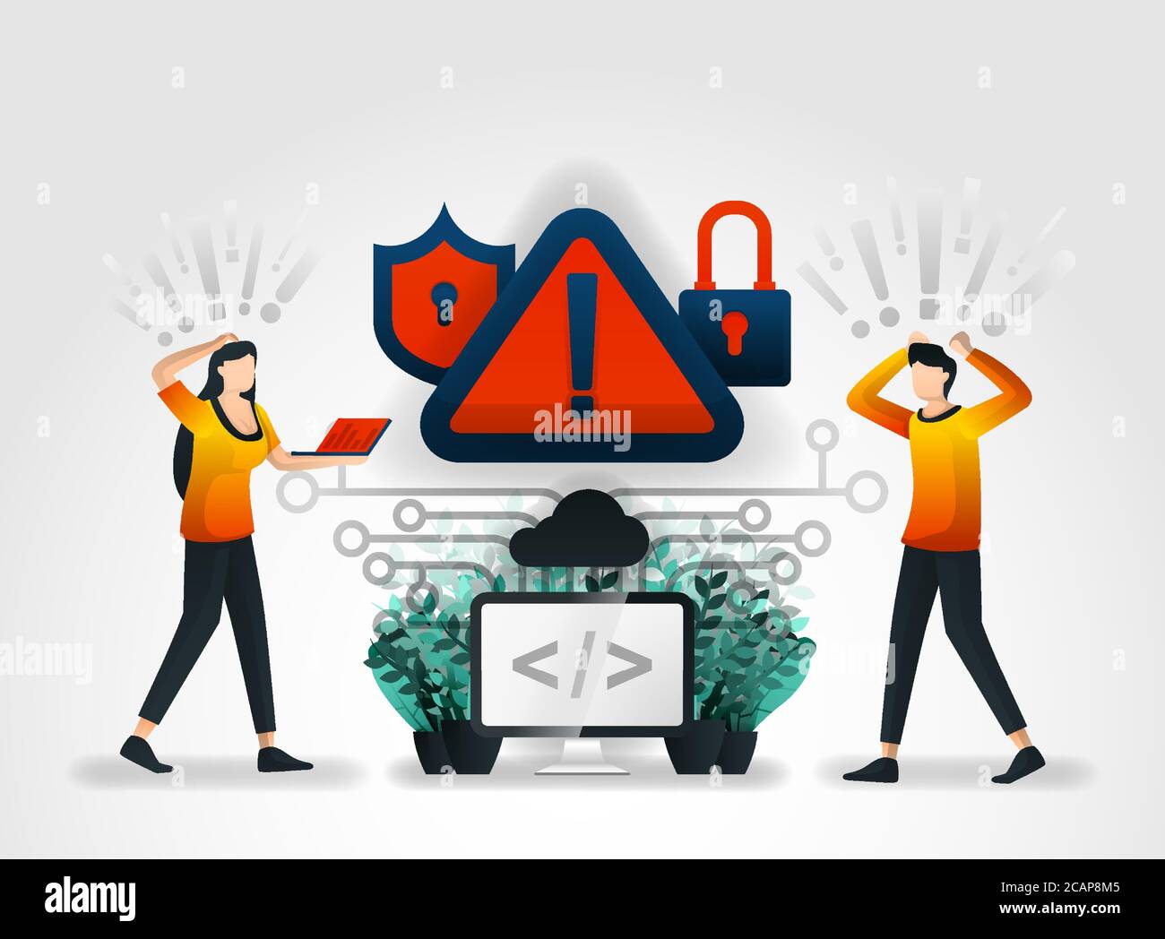 vector flat cartoon character. developer detect hacking of database on the storage system server. private security firms usually provide audits every Stock Vector