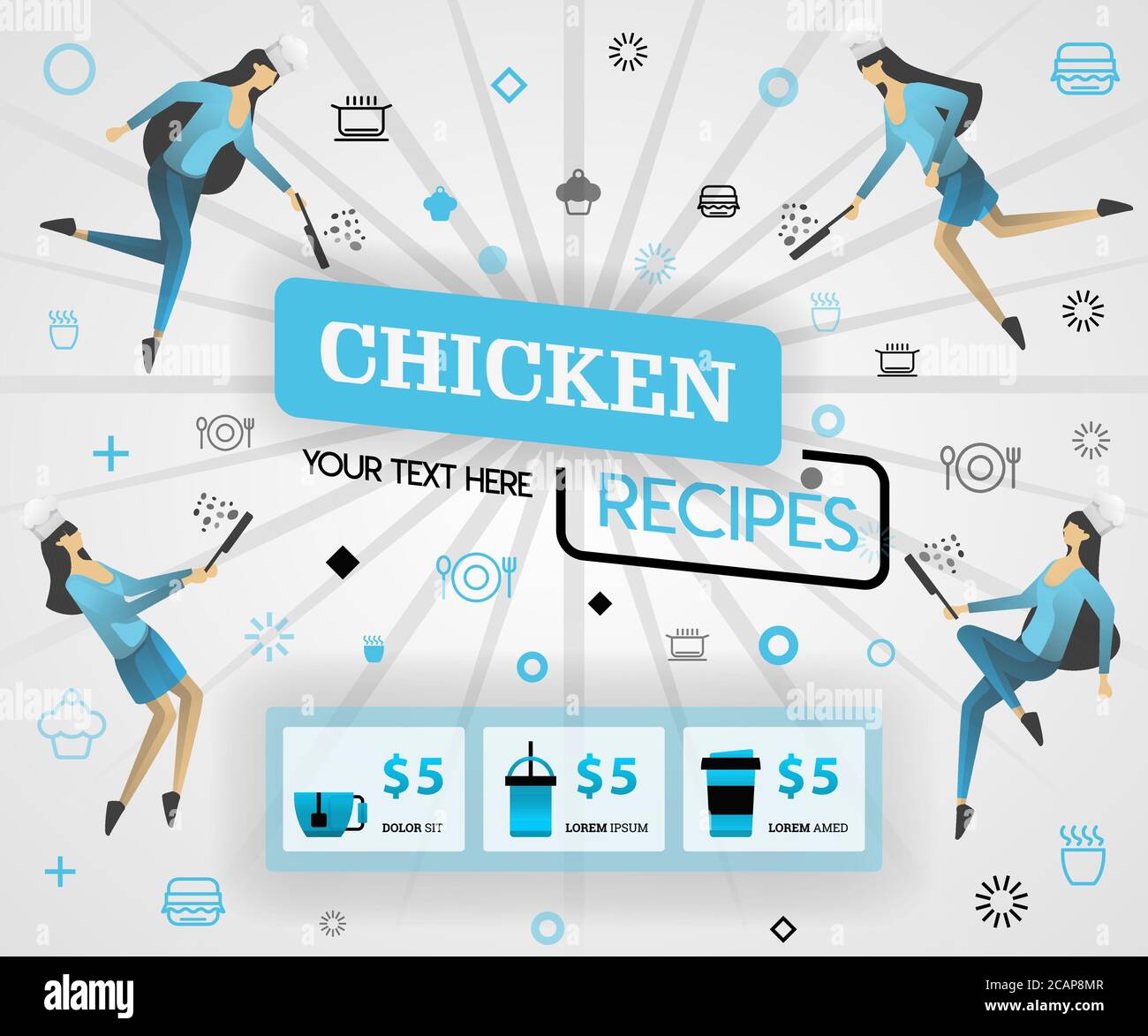 blue vector illustration concept. chicken recipes recipes cover book.  healthy cooking recipes and delicious food cover can be for, magazine, cover, b Stock Vector