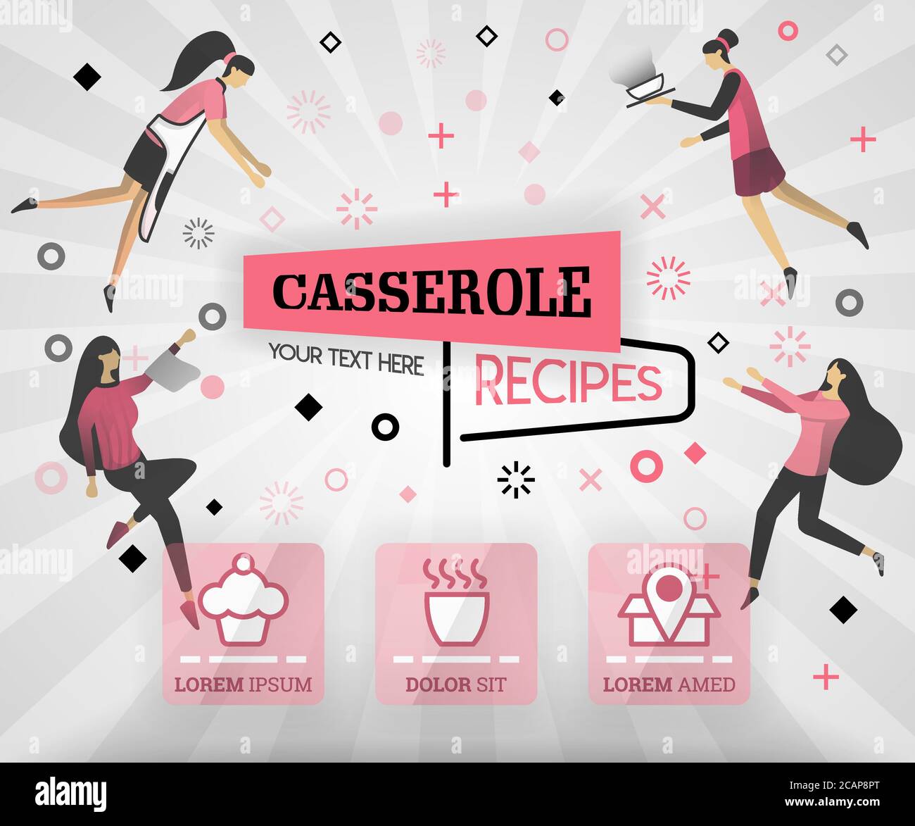 pink vector illustration concept. casserole recipes cover book.  healthy cooking recipe and deliciou food cover can be for, magazine, cover, banner, w Stock Vector