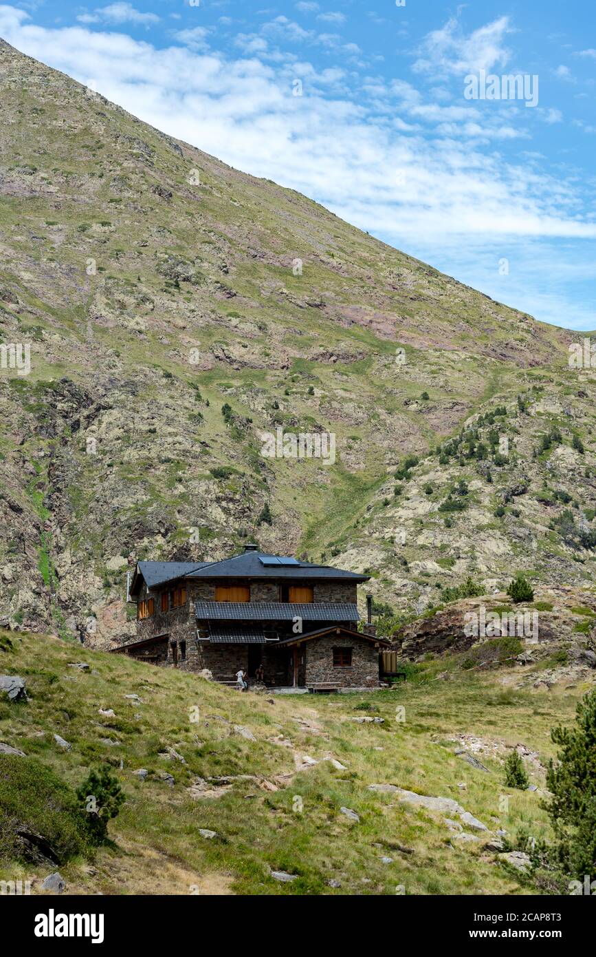 Coma Pedrosa, Andorra : 02 August 2020 : Coma Pedrosa refuge at 2266 meters of altitude in Andorra Pyrenees in summer 2020. Stock Photo