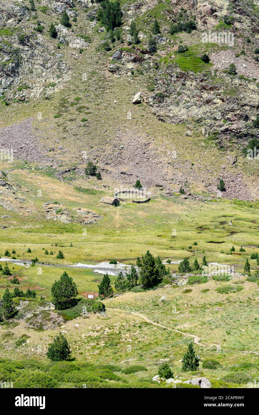 Country house in the Coma Pedrosa Refuge at 2266 meters of altitude in Andorra Pyrenees in summer 2020. Stock Photo