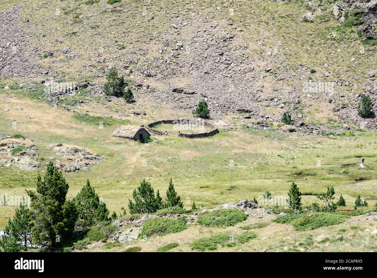 Country house in the Coma Pedrosa Refuge at 2266 meters of altitude in Andorra Pyrenees in summer 2020. Stock Photo