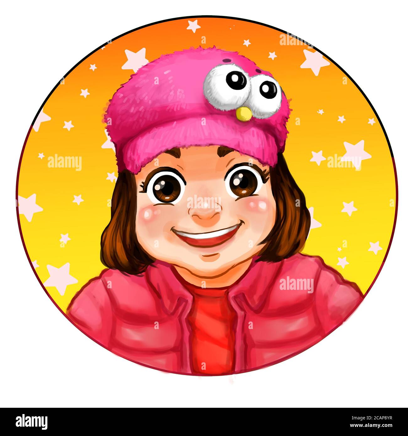 Chibi Little Girl Illustration with pink hat and cloth (draw in photoshop) Stock Photo