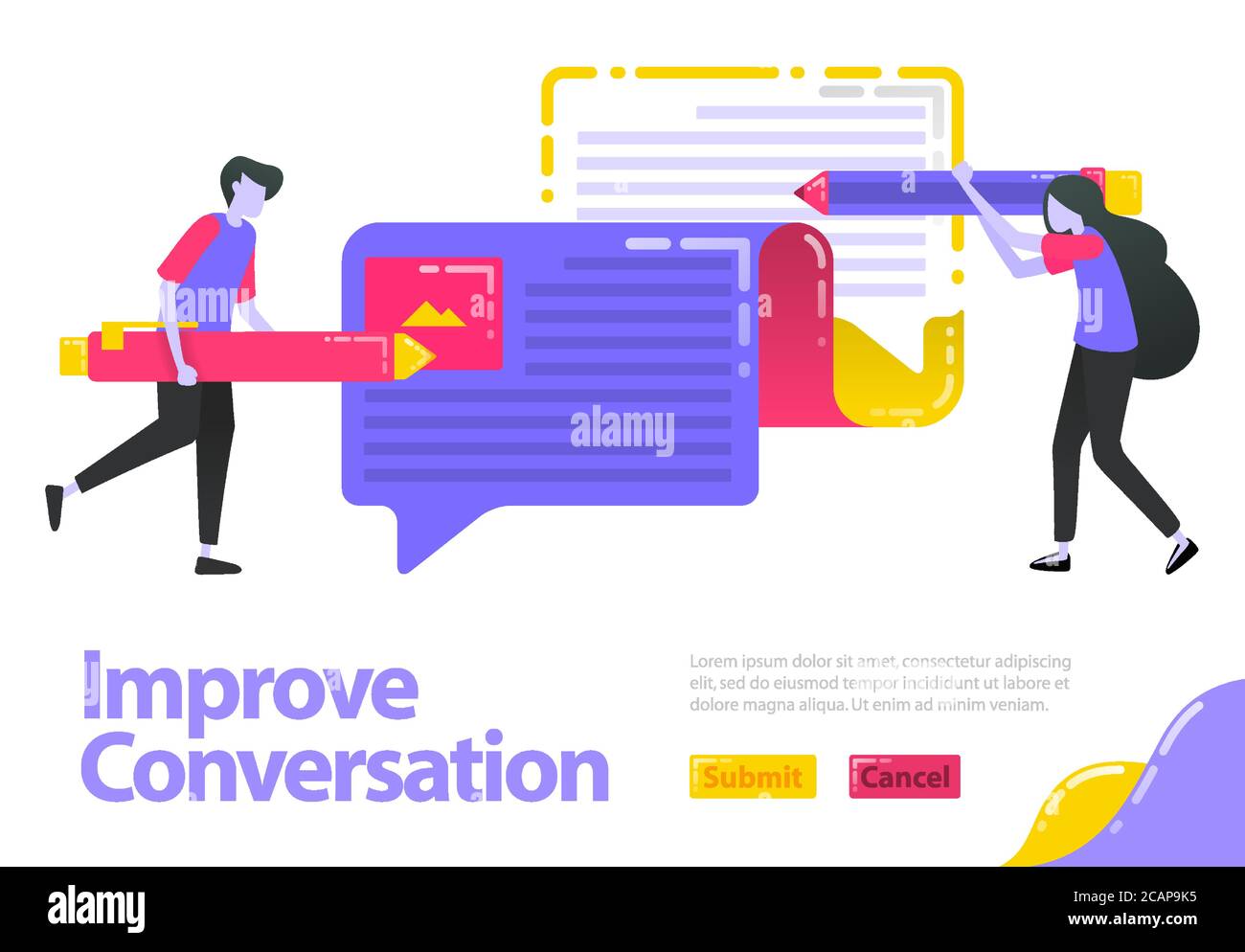 Illustration improve conversation. People who are writing opinions can ballon chat. Improve and update opinions and information. Flat vector concept f Stock Vector