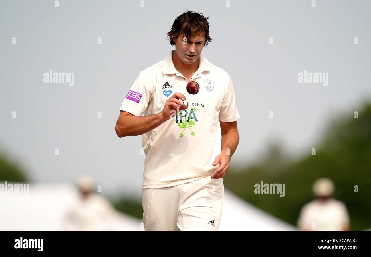 Hampshire's James Fuller in action during day one of The Bob Willis Trophy match at Radlett cricket Club, Radlett. Stock Photo